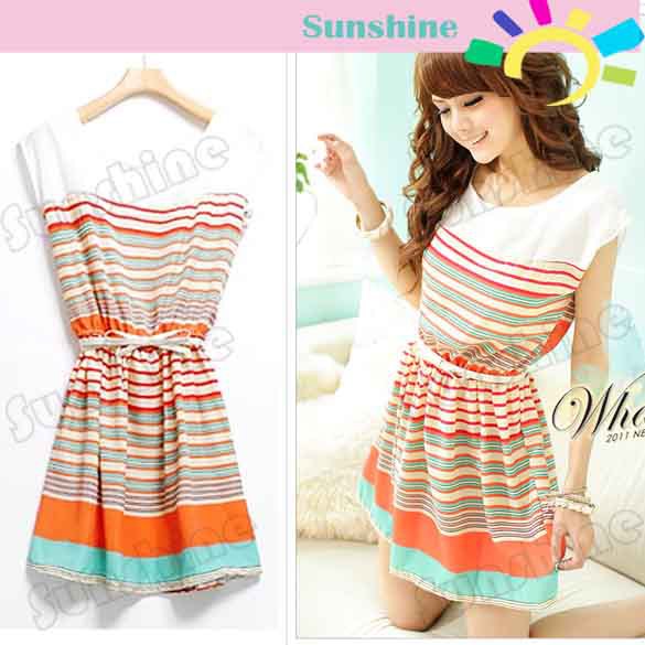 8 pcs/lot Free Shipping New Women's Ladies Colorful  Dresses Colorful Stripes Chiffon Dress With Free Bowknot Belt  2691