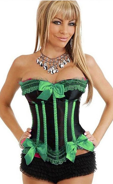 8068BG - Intimates , Shapers , Bustiers , BLACK & GREEN , French Maid Corset - Overbust Corsets