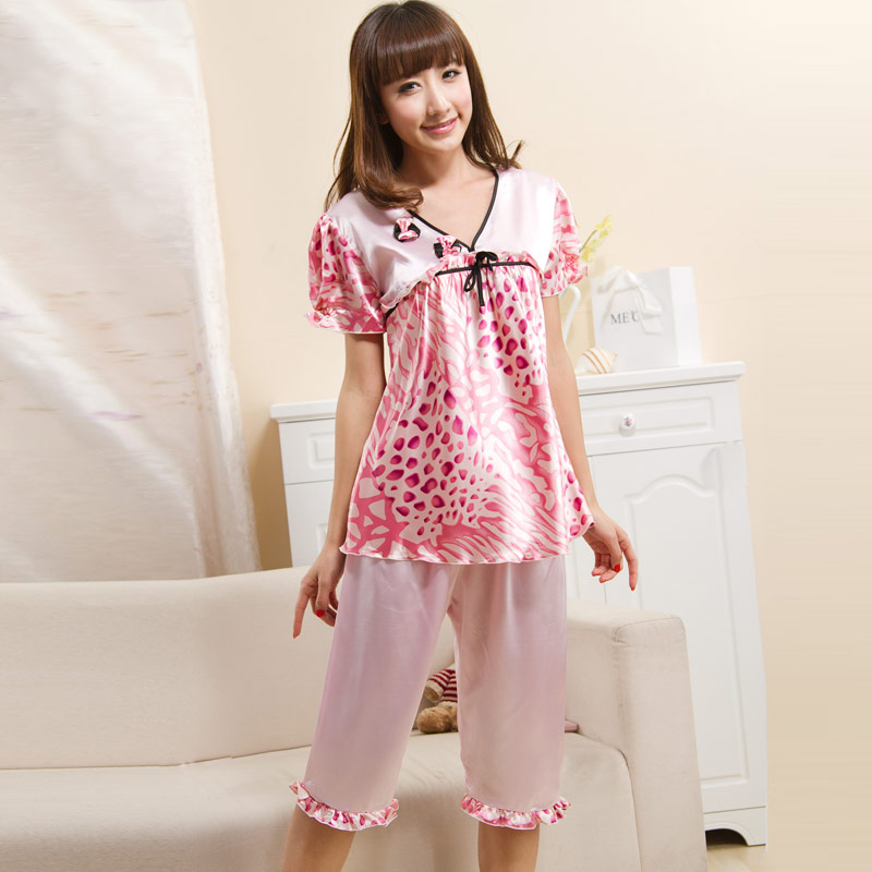 8077 quality exquisite silk crepe satin women's short-sleeve sleep set summer women's 15 lounge