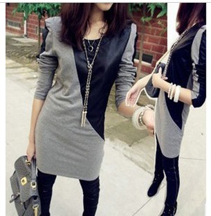 829 best 2012 autumn new arrival long-sleeve dress patchwork leather small long design one-piece dress