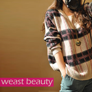 8335 autumn product soft loose vintage knitted basic shirt big check sweater outerwear