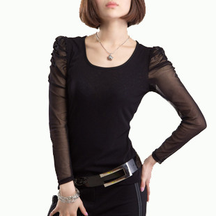 8385 lace net basic shirt chiffon shayi basic shirt puff sleeve black o-neck long-sleeve t shirt