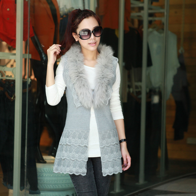 8505-m857p95 rex rabbit hair large fur collar lace patchwork sweater vest autumn and winter