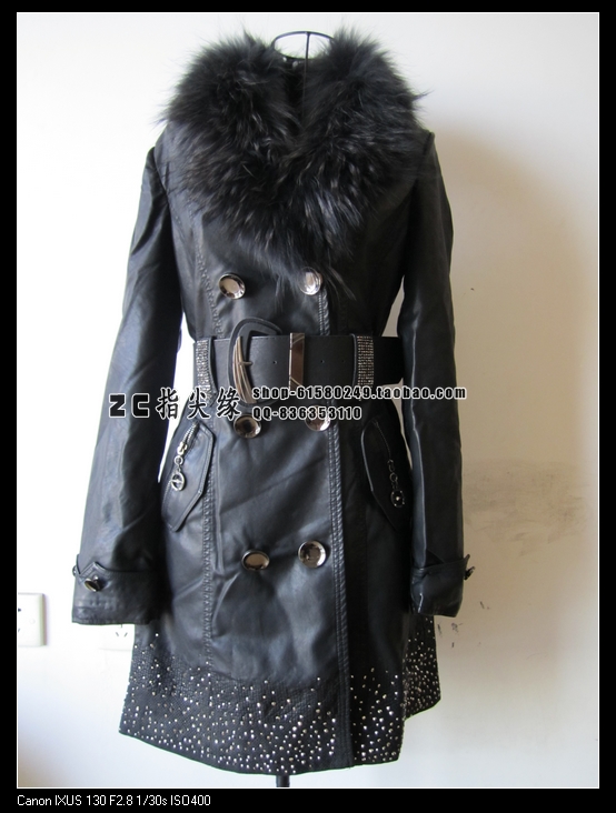 8516 fur collar thickening long design leather clothing