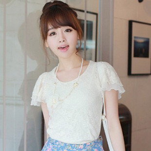 8521 sweet elegant solid color lace cutout flower butterfly sleeve lace shirt o-neck top