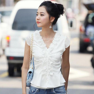 8528 plus size white short-sleeve chiffon top V-neck ruffle chiffon shirt