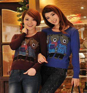 8547 Korean Style Fashion Bears Printed Pullover Long Sleeve Woolen Sweater Winter Knitwear T Shirt Blouse