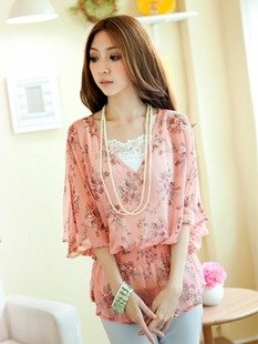 856 # 2012 romantic summer new wide sleeves printed chiffon blouse piece