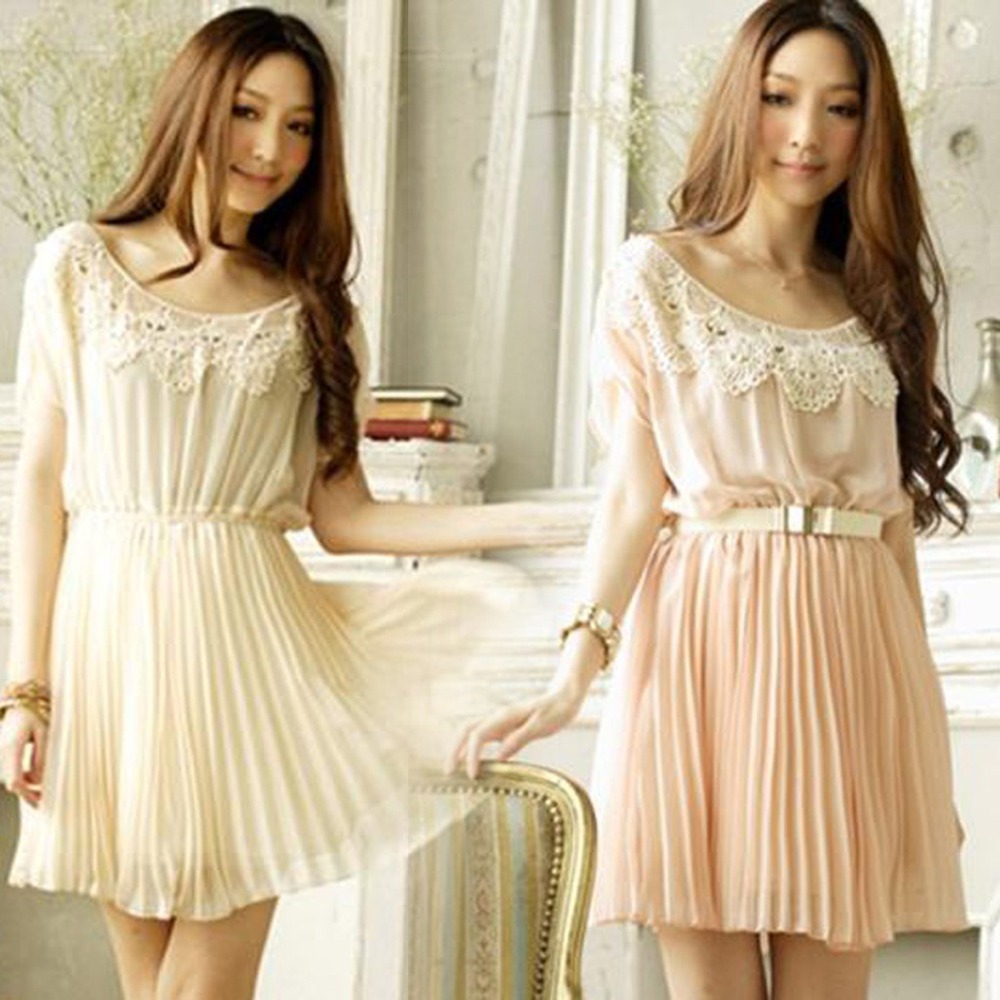 8614 Hot Women Ruili fashion ladies hook creased woven lace round neck bat sleeve chiffon dress