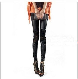864 2011 women's pleated gauze sexy meat faux leather patchwork ankle length trousers legging