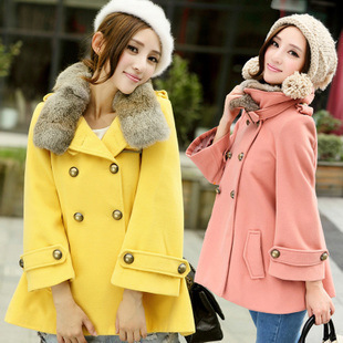 8668 # new winter Korean version rabbit fur collar long section of double-breasted wool coat Girls' High School. Coat micro cloa