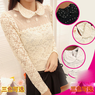 8672 ol elegant peter pan collar pearl lace long-sleeve shirt basic shirt