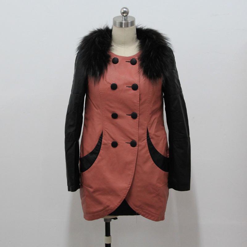 8830 winter thick outerwear fashion color block leather wadded jacket medium-long cotton-padded jacket