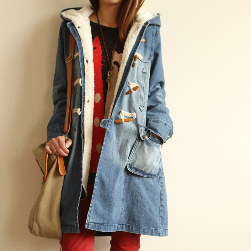 8839 - 1.7 with a hood detachable plush denim wadded jacket outerwear Free Shipping