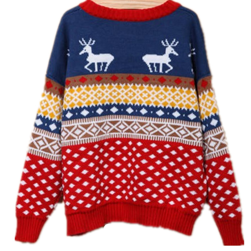 8845 2012 vintage christmas red deer square color block double layer thick sweater female