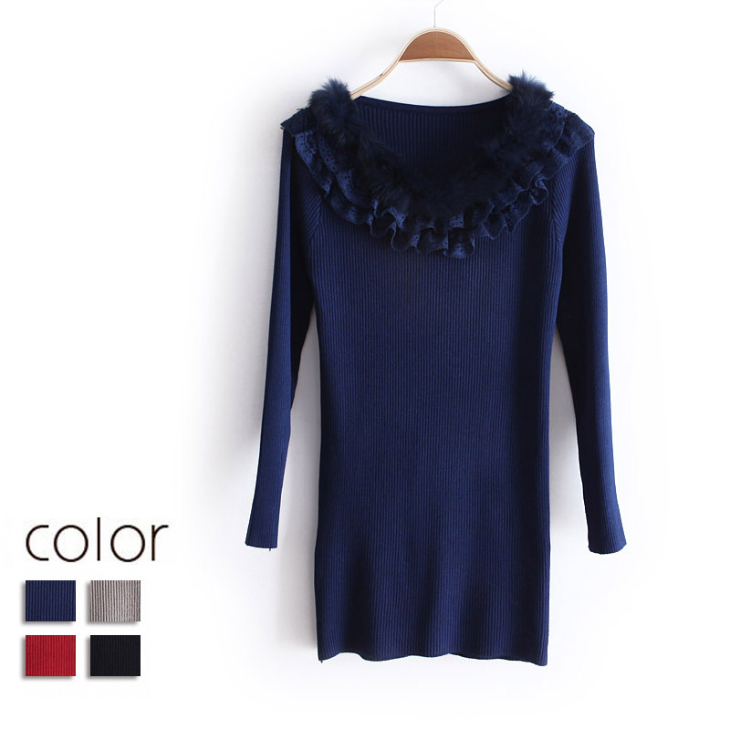 89 women's vintage fur collar lace patchwork wx1199 slim elastic sweater free shipping