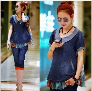 8971 # Korean version of the 2012 summer new doll chiffon loose shirt collar stitching women's short sleeve denim T-shirt