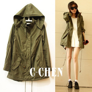 9.23 spring tooling street style drawstring slim waist hooded military trench olive overcoat outerwear