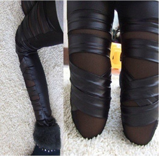 9-284 Wholesale Price Fashion celebrity Style Sexy Skinny Cotton Cross Yarn+Leather Look Wrap Leggings Free Shipping