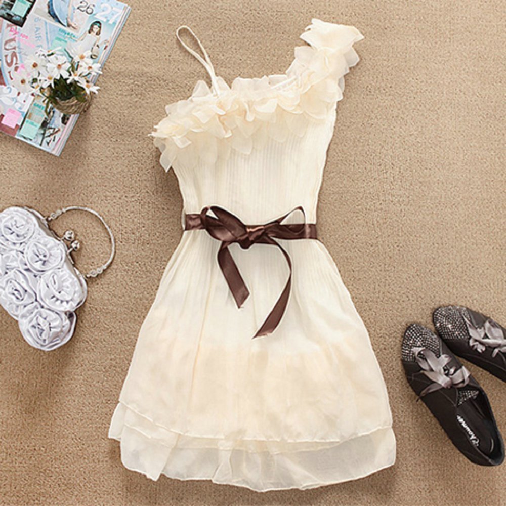 $9.99 New Arrival Stylish and Delicate Sweety Ruffles One-shouldered Chiffon Dress women dress