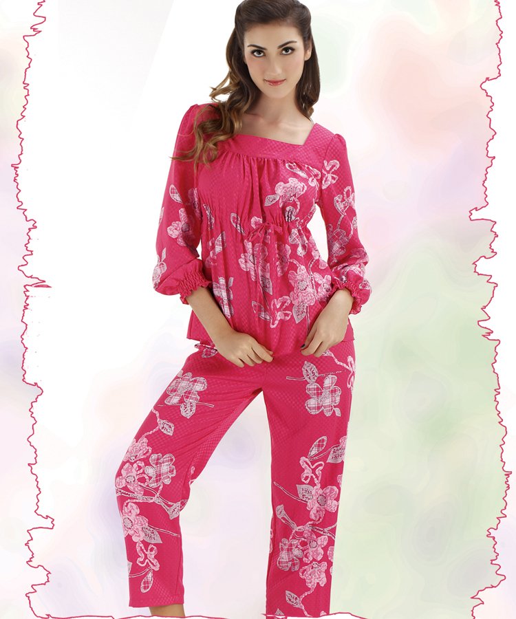 9 autumn women pajamas set silk sleepwear female long-sleeve red silk sleep set o-neck twinset lounge night clothes