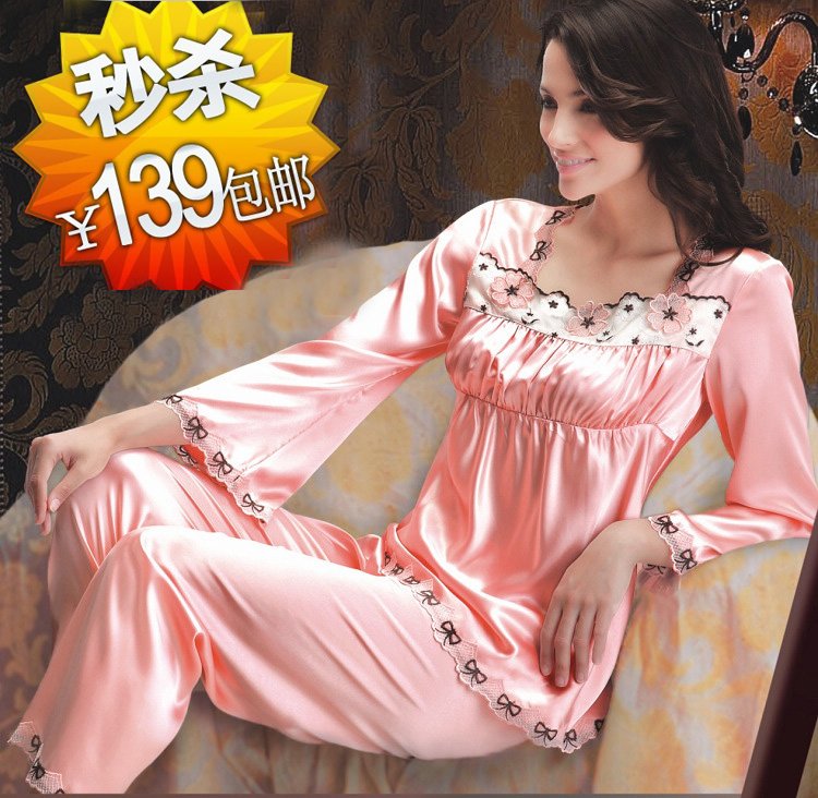 9 women pajamas set Spring and autumn silk sleepwear female long-sleeve set twinset sexy lace embroidered lounge plus size