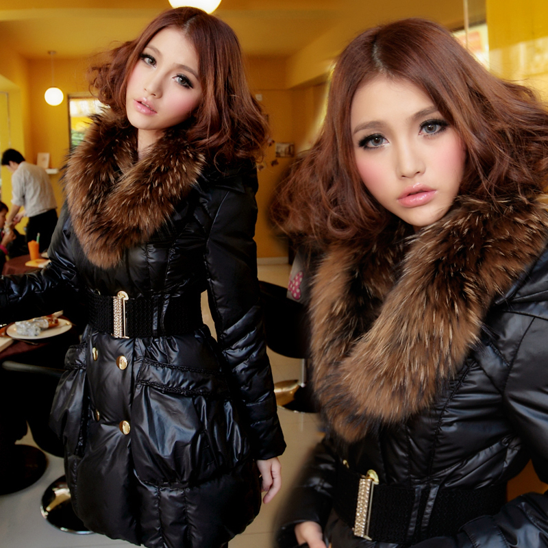 90 pure premium white duck down slim women's down coat medium-long raccoon fur long-sleeve solid color