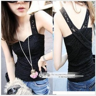 9007 double layer cross lace V-neck slim sexy basic vest spaghetti strap large 3