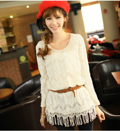 9028 2013 spring pearl sweep tassel eyelash lace shirt long design basic shirt