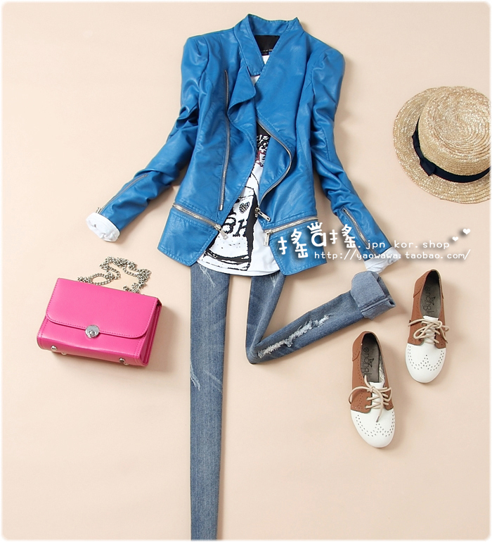 903 2012 spring women's smart stand collar shoulder pads two ways short design leather clothing motorcycle outerwear
