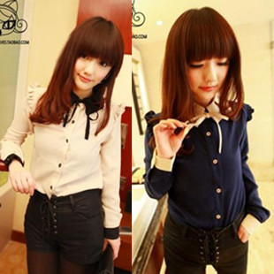 9082 2013 spring high quality thick yarn chiffon pleated lacing collar small butterfly sleeve shirt