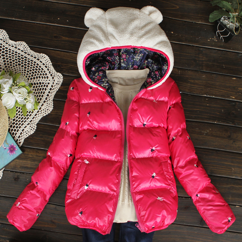 9102 2013 embroidery small heart ear with a hood thickening wadded jacket outerwear female Free Shipping