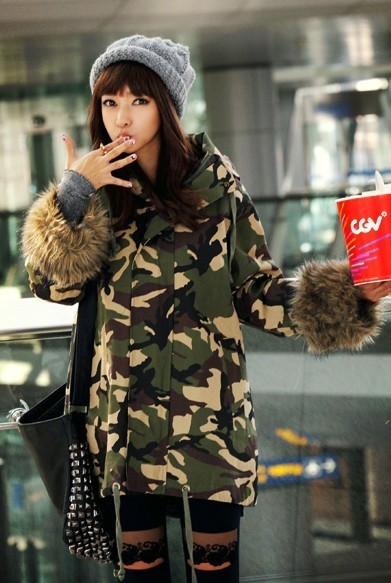 911 new style camouflage raccoon fur wrist length big wadded jacket