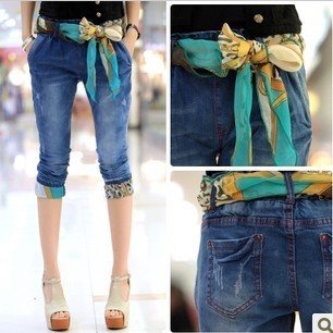 9113 Korean women 2012 summer new was thin curling denim search of feet pant blue