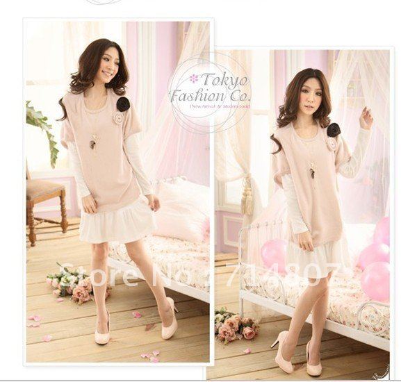 9130 Japan and South Korea ladies autumn loose round neck popular two-piece knit backing dress