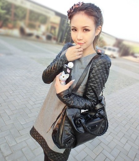 9207 ladies small plaid fashion leather patchwork woolen one-piece dress brief