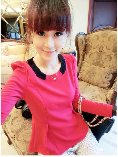 9286 autumn color block collar patchwork stereo pleated long-sleeve top
