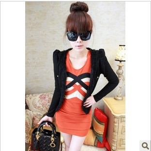 9331 black laciness spirally-wound puff sleeve cardigan short jacket