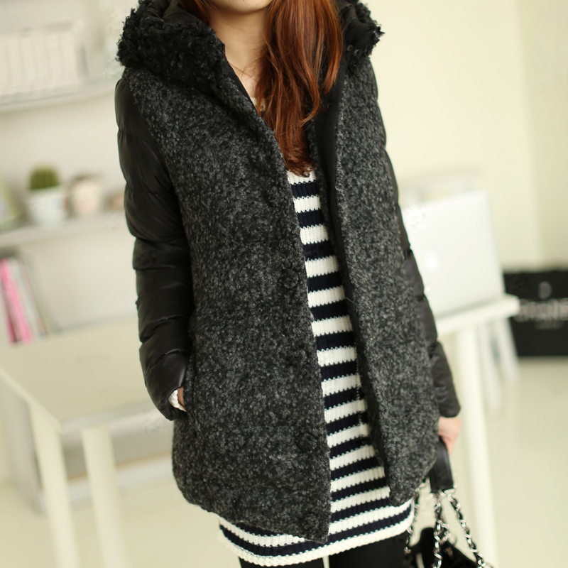 9354 - 1.38 2013 fashion brief with a hood loop pile patchwork long design cotton-padded jacket Free Shipping