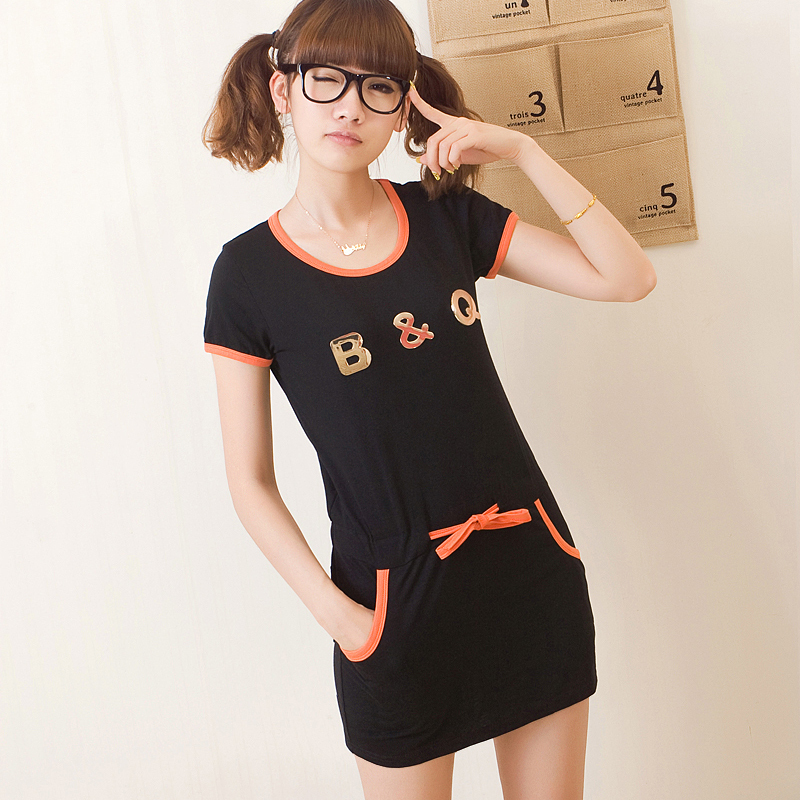 952 real pictures with model 2013 casual letter b & q metal slim waist preppy style one-piece dress sports skirt