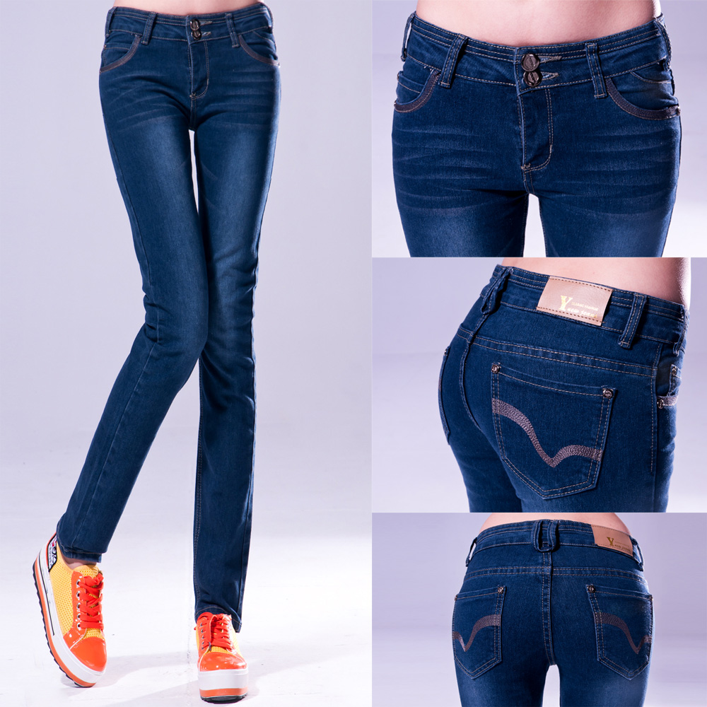 955 - 1 women's mid waist skinny pants slim breasted elastic pants autumn jeans female
