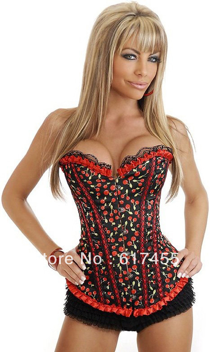 959 red Fashion Women intimates sexy lingerie satin Cherry Pin-Up Burlesque Corset