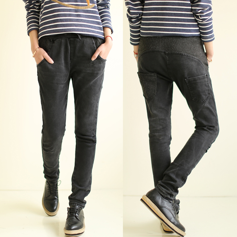 9609 - 2013 knitted patchwork knee pleated slim denim trousers 0114 female (WC009)