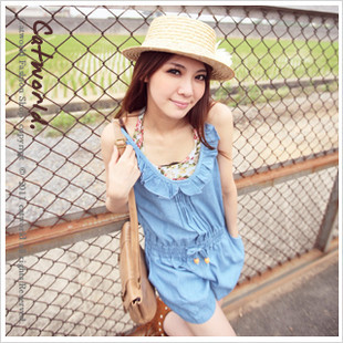 9621 cute ruffle collar denim jumpsuit