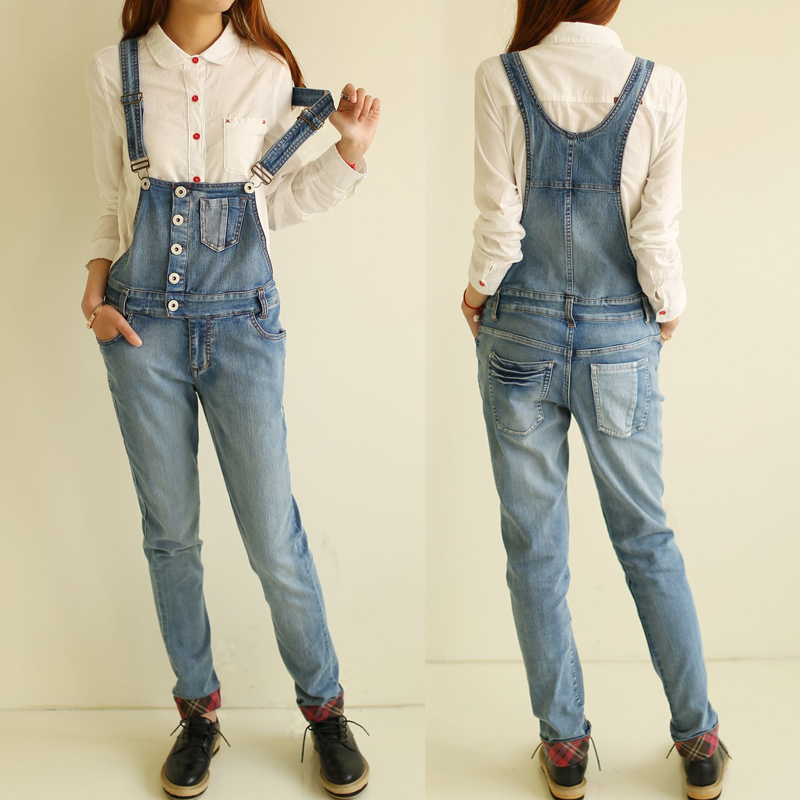 9822 - 2013 spring color block decoration roll up adjustable hem denim bib pants trousers 0225 female (WC009)