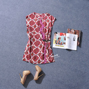 9838 vintage red flower pattern tassel leather buckle on decoration lubai elegant one-piece dress