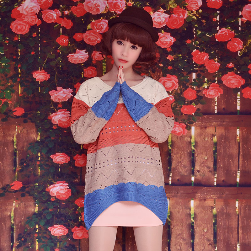 99 2 set season women's patterers patchwork o-neck loose sweater pullover casual outerwear sweater
