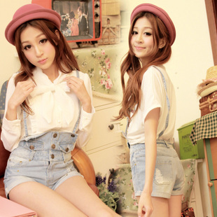 9930 2013 elegant roll up hem rivets denim shorts suspenders jumpsuit