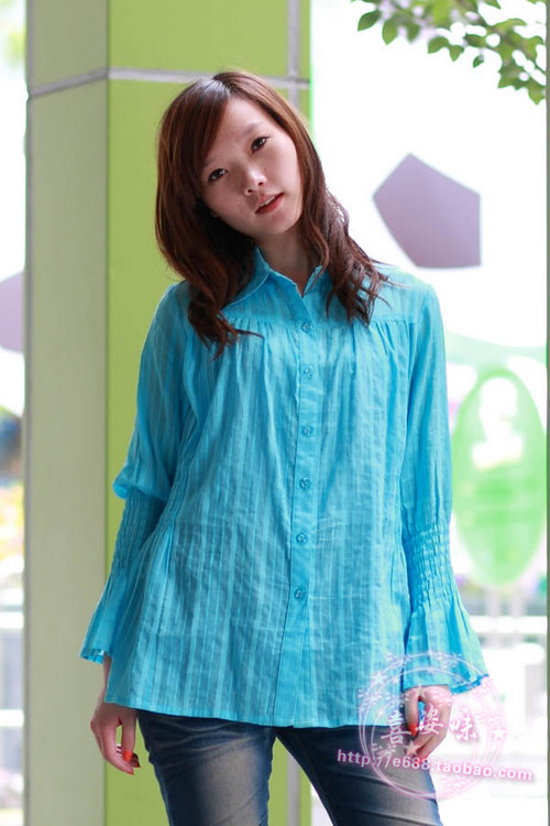 9a1201 long-sleeve maternity shirt anne 100% cotton maternity clothing maternity top white blue