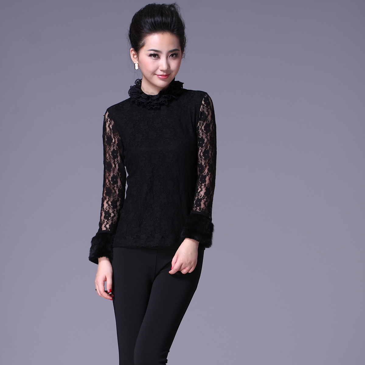 A 2013 fashion spring and autumn women's lace sleeve rabbit fur basic shirt